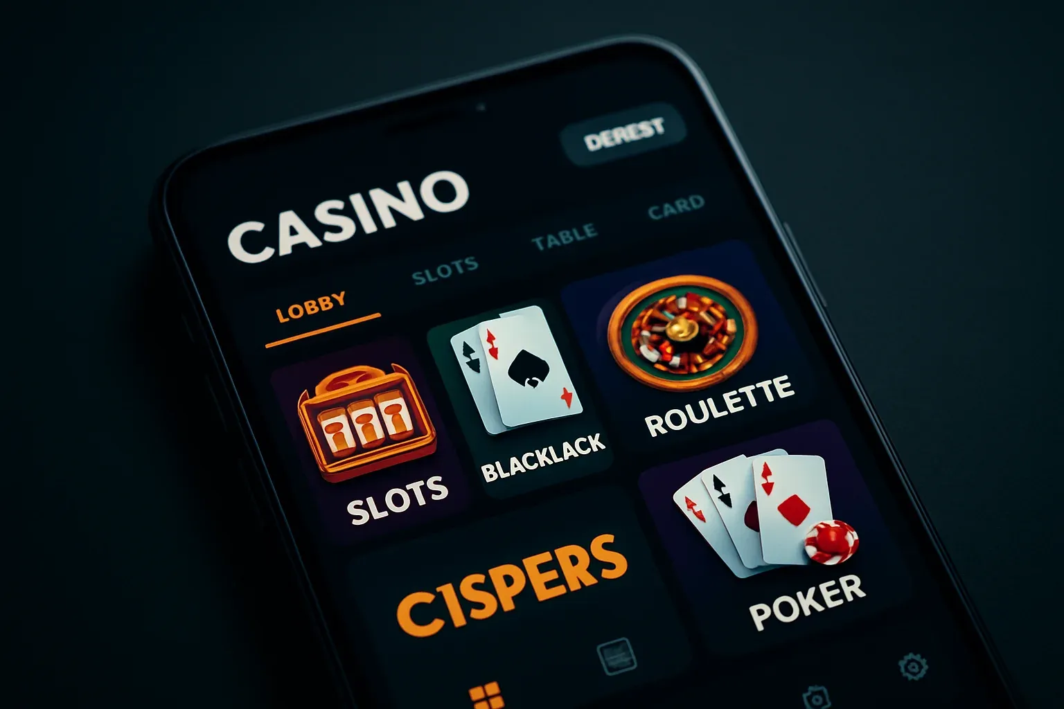 Android smartphone mockup showing casino mobile app game lobby interface