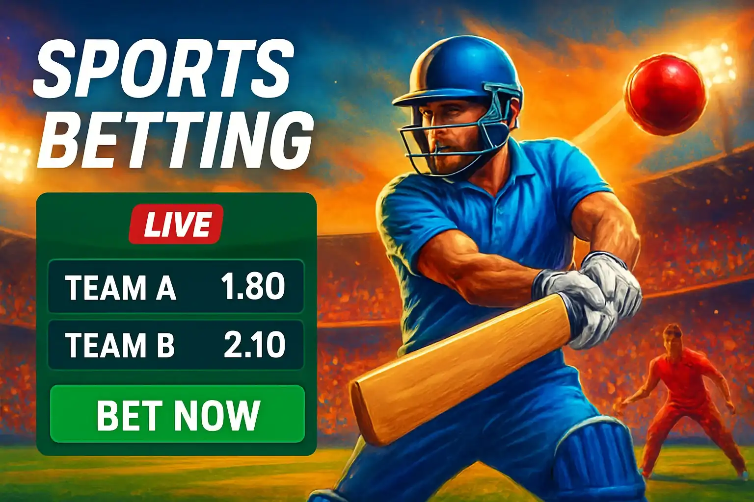 Sports betting banner with cricket action, stadium crowd, and interface overlay