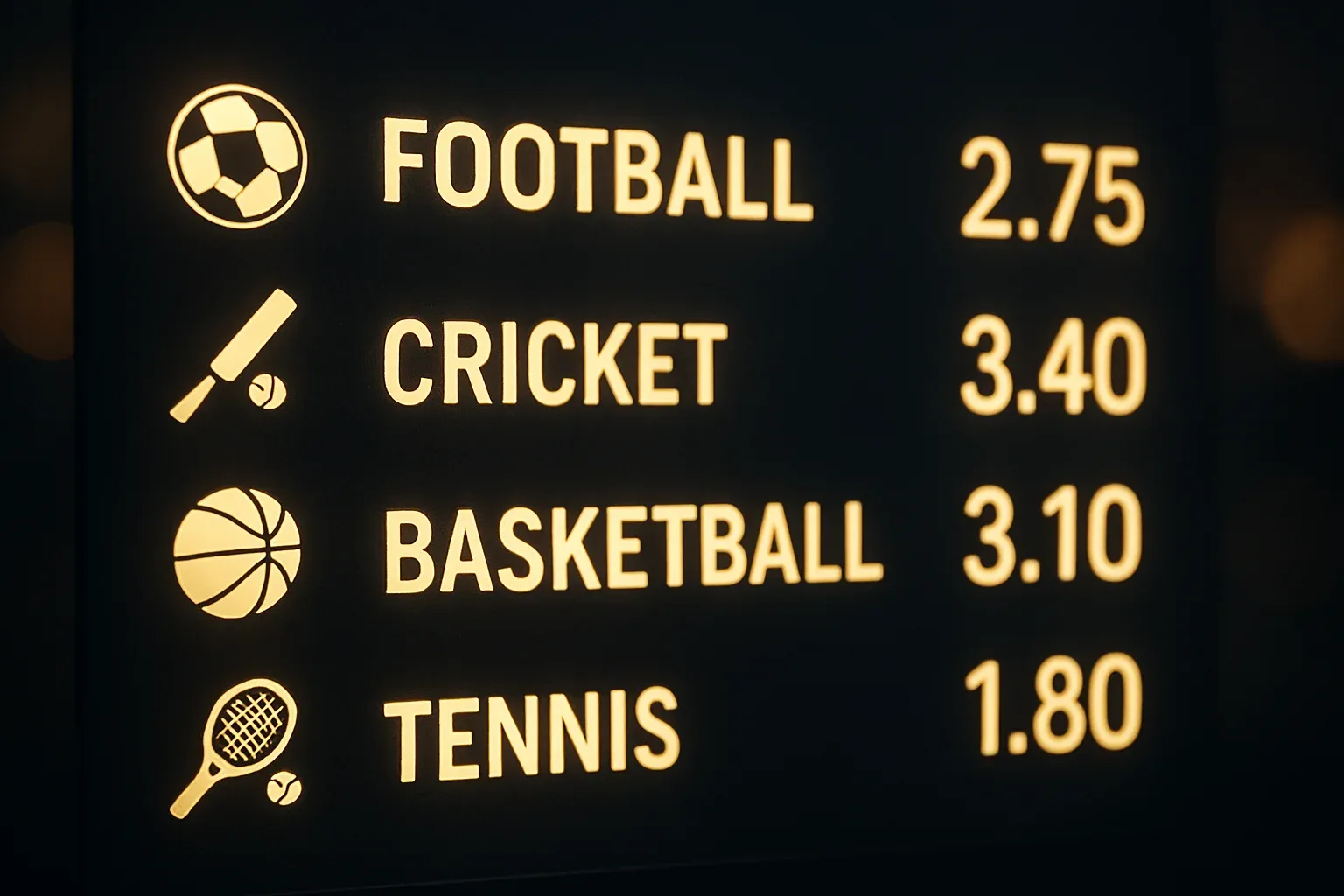 Sports betting markets display with football cricket basketball tennis icons and odds