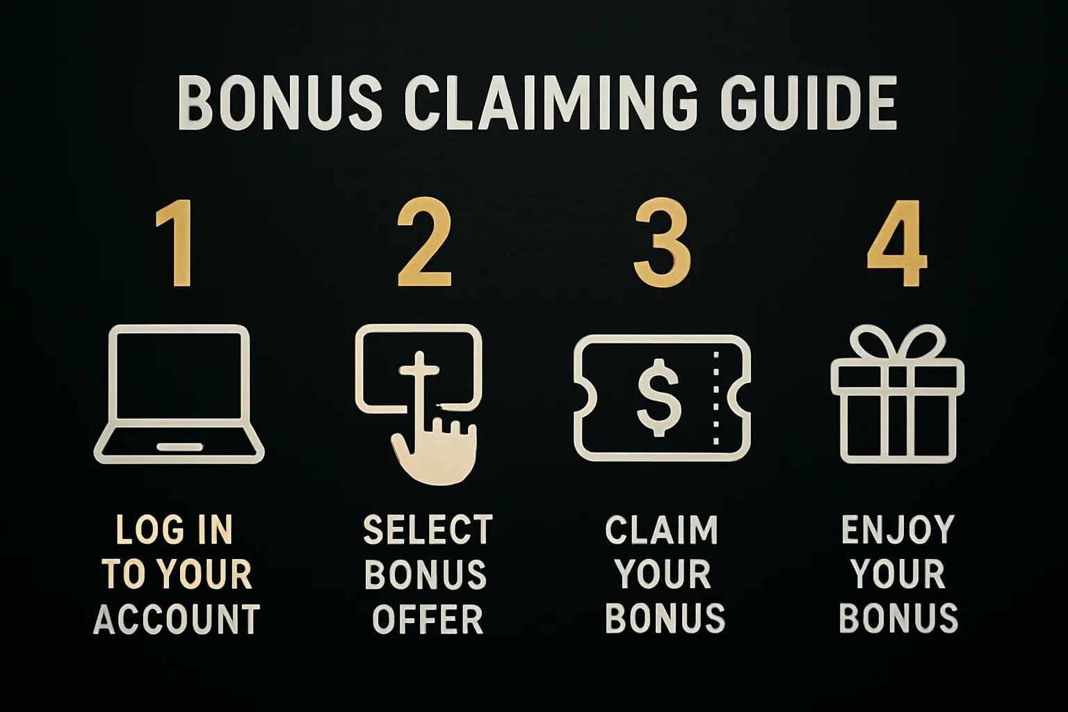 Modern infographic showing numbered steps 1-2-3-4 for claiming bonuses