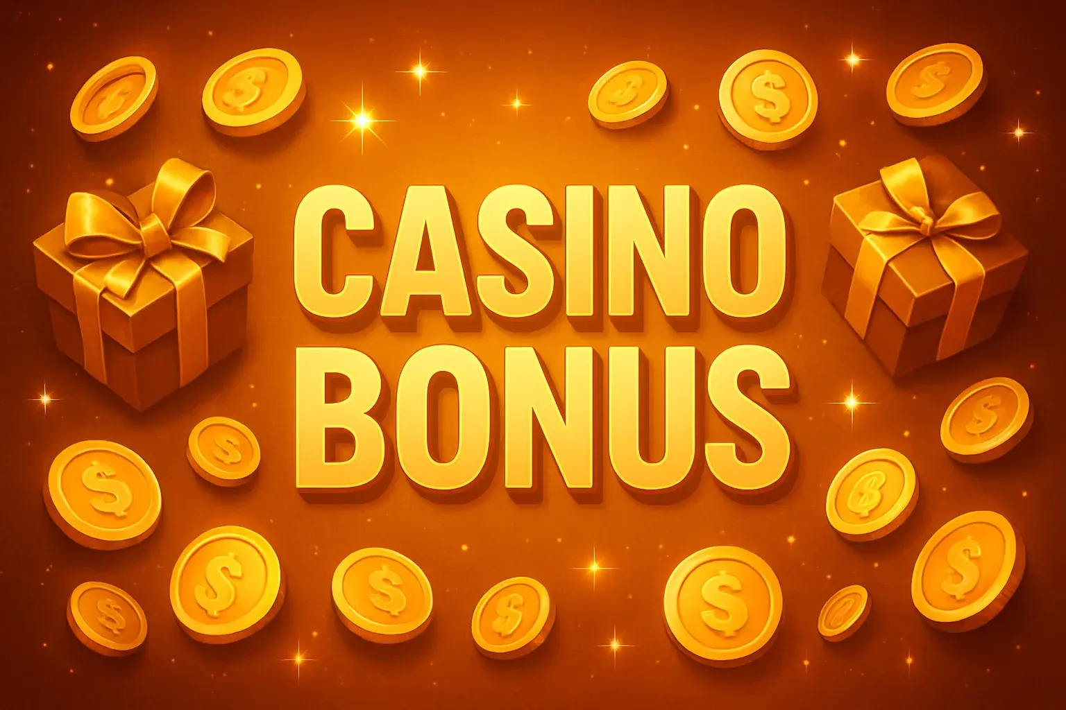 Casino bonus banner with golden coins, gift boxes, and sparkle effects