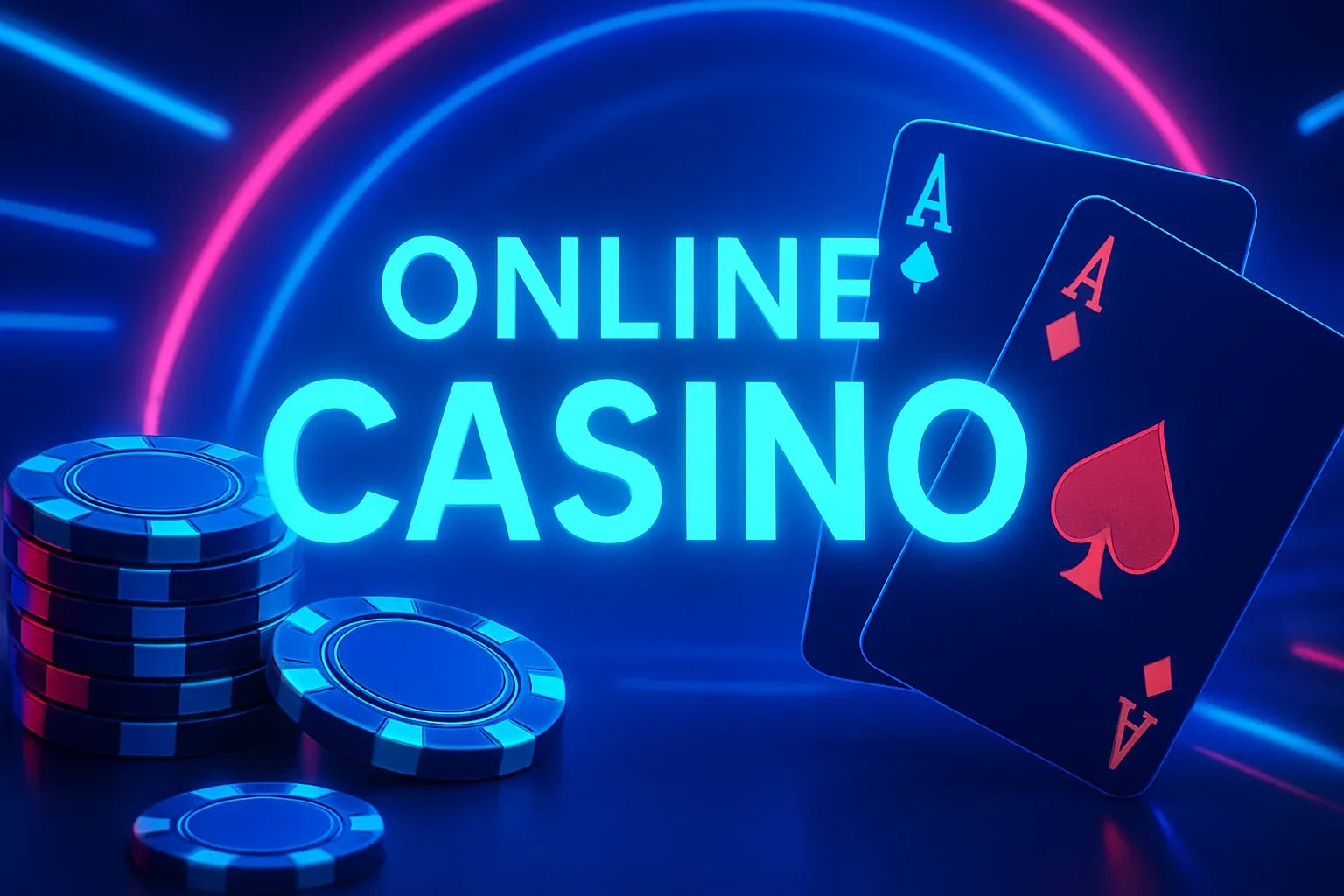 Luxury online casino hero banner for Bangladesh with neon lights, chips, and cards
