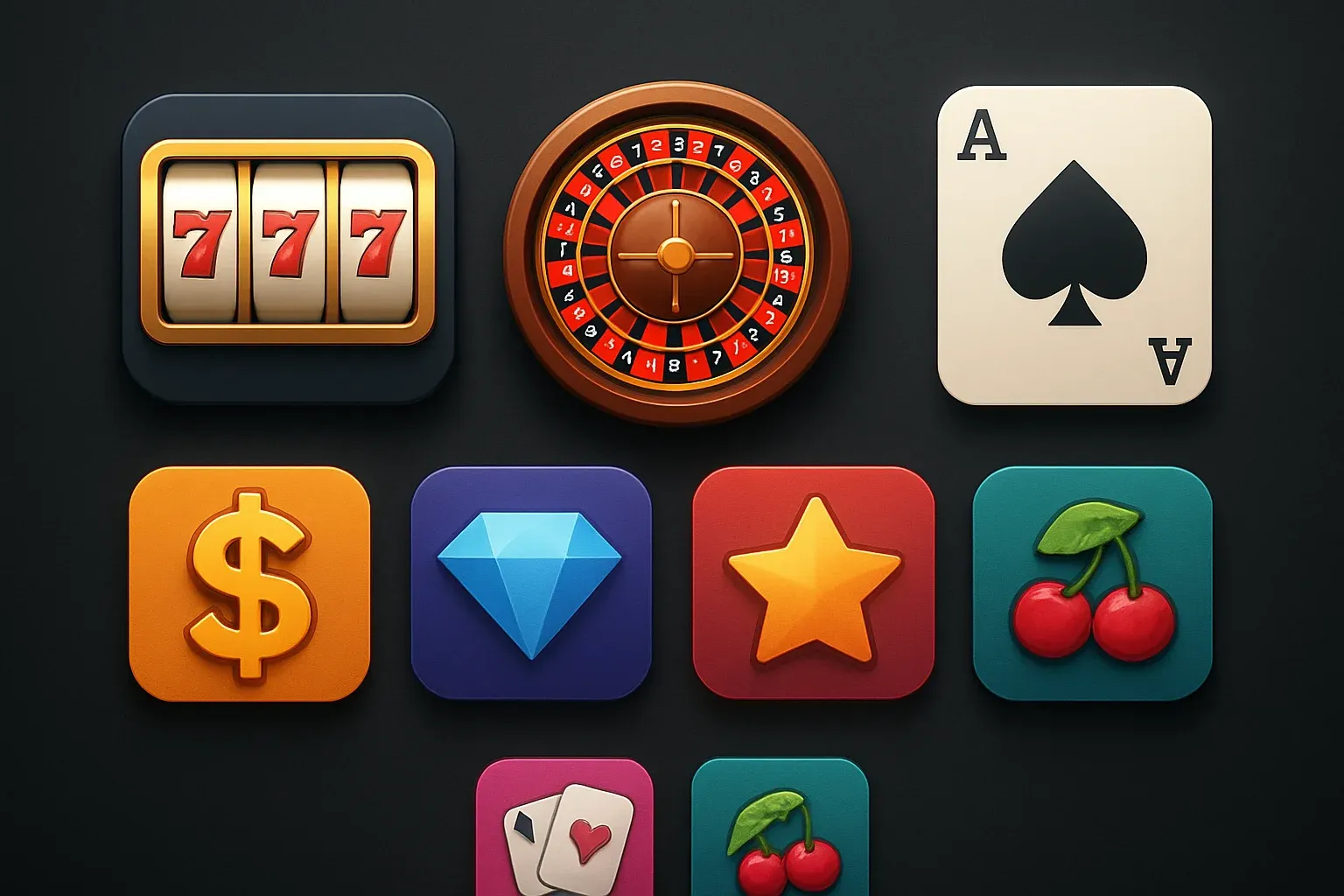 Popular casino game icons with slots, roulette, cards on dark background