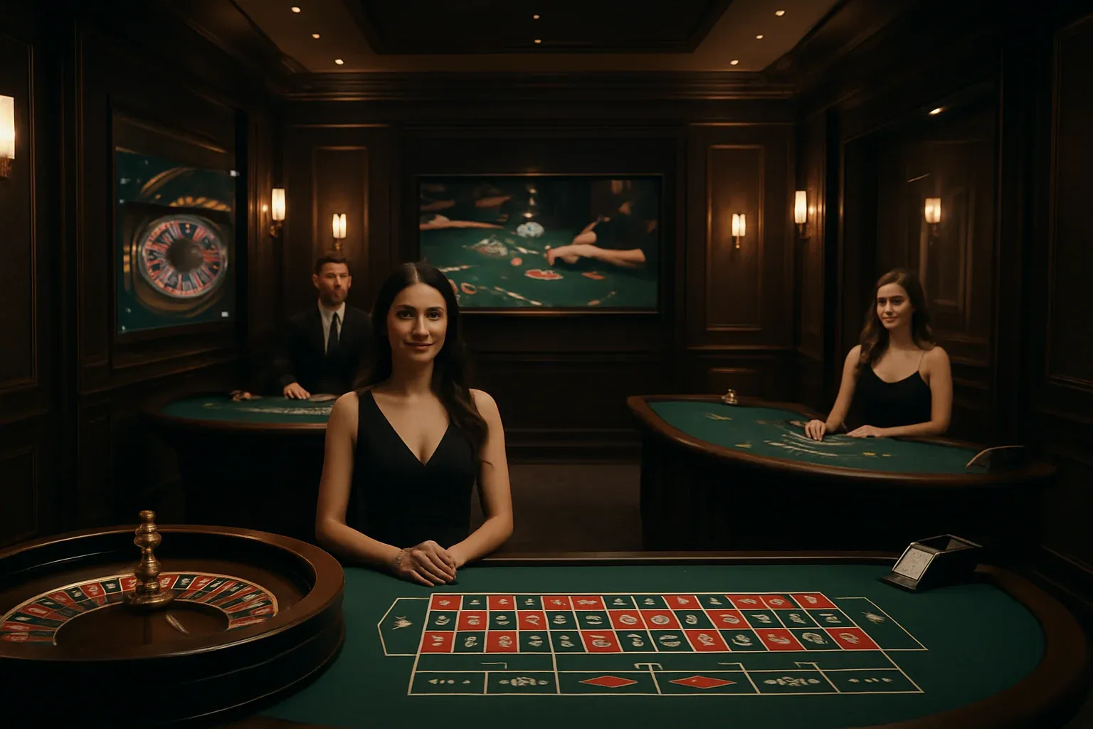 Elegant live casino studio with dealers and roulette blackjack screens