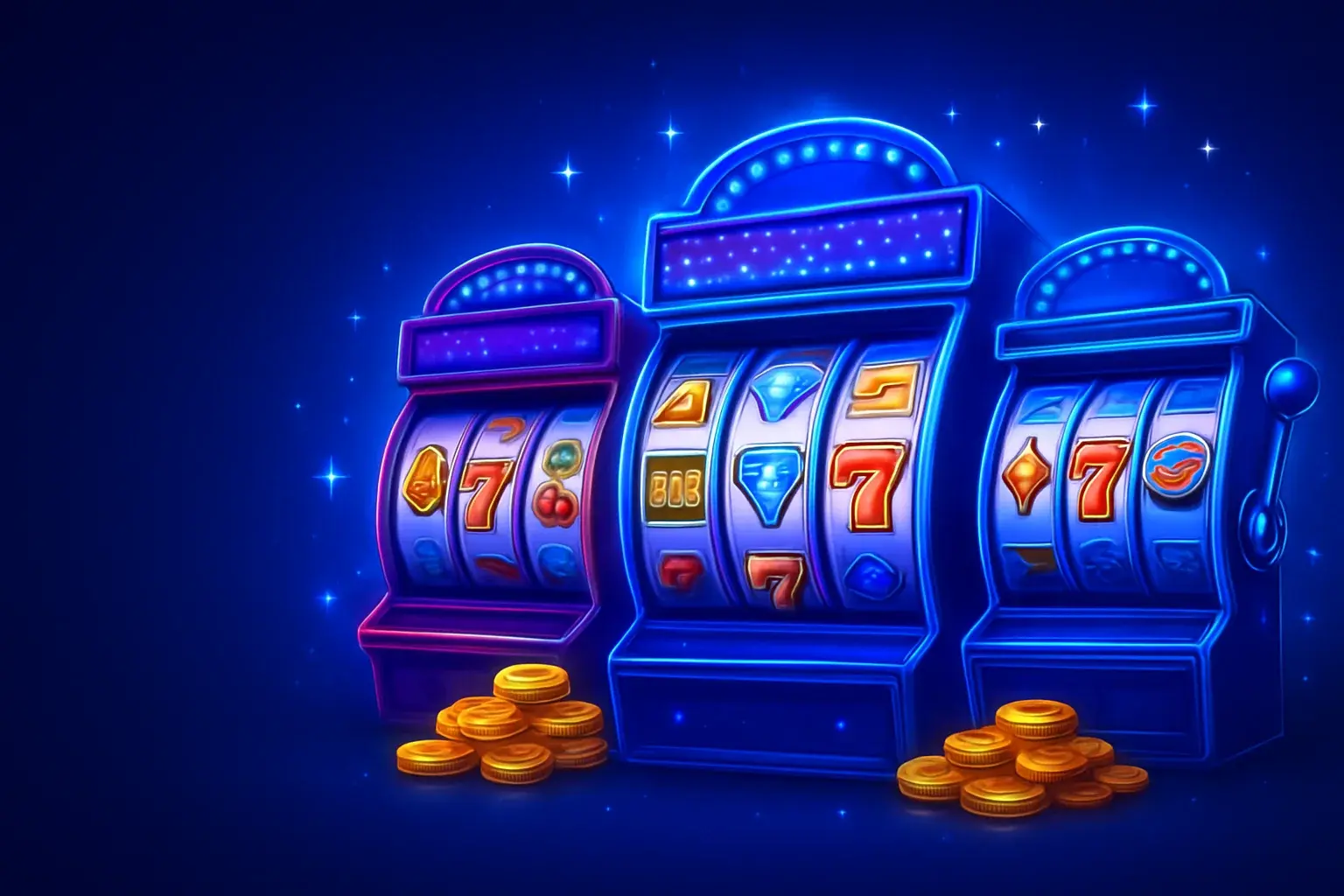 Colorful casino slot machines collage with reels, coins, diamonds, and 7s