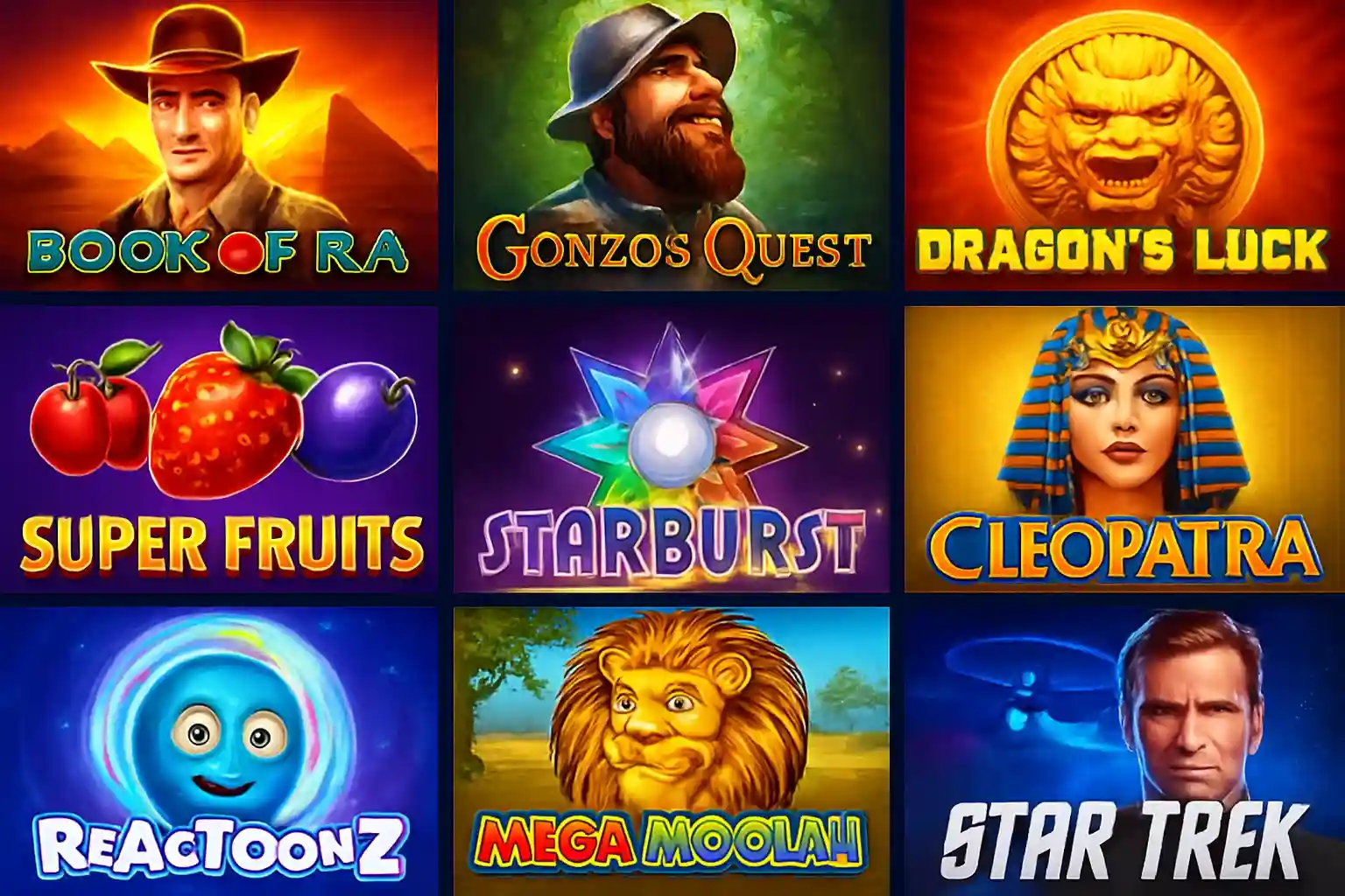Grid of popular slot game thumbnails with Egypt, fantasy, fruit, sci-fi themes